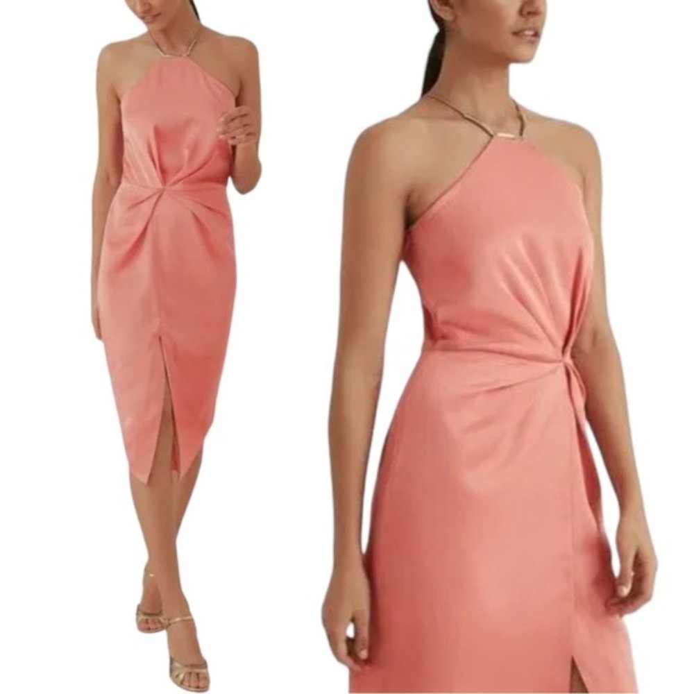 Reiss Paola Dress US 8 Coral Halter Twist Front